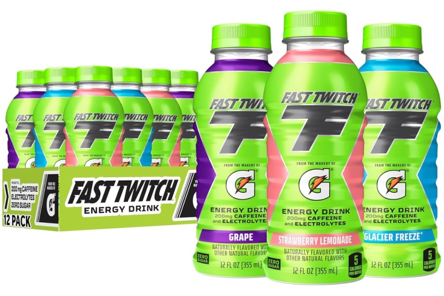 Gatorade Fast Twitch Energy Drink 12 pack in box with 3 bottles in front