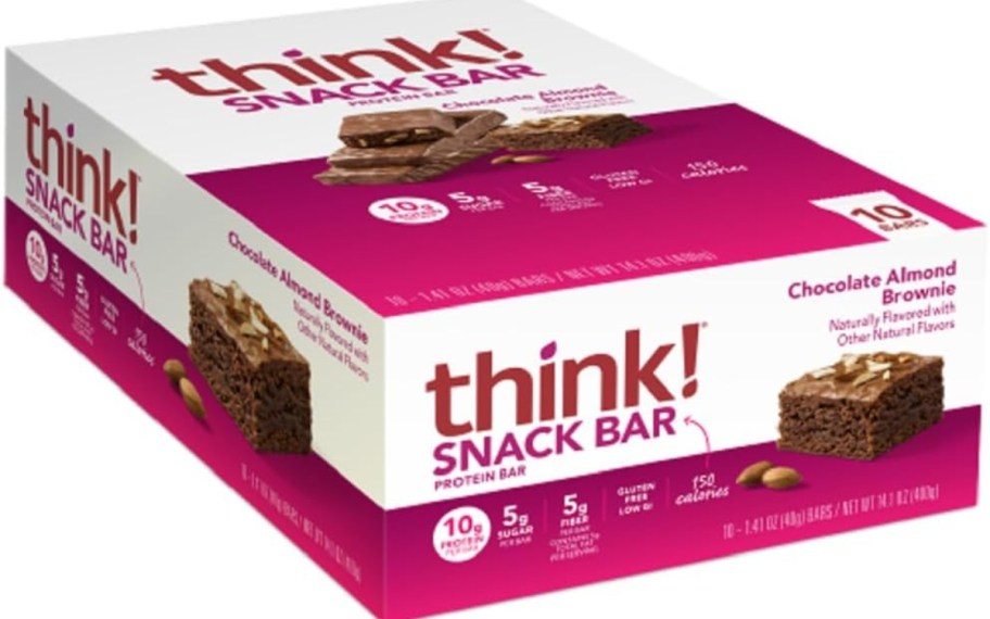 a white and pink box of think! Protein Bars in Chocolate Almond Brownie