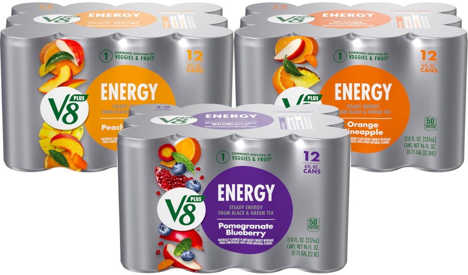 12-packs of V8 +ENERGY Energy Drinks in various flavors