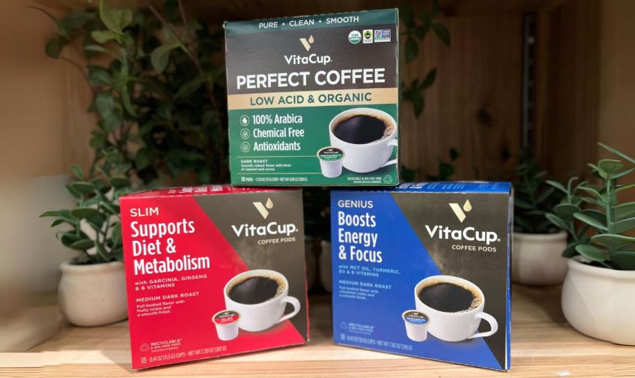 3 boxes of vitacup k cup pods stacked on a counter top