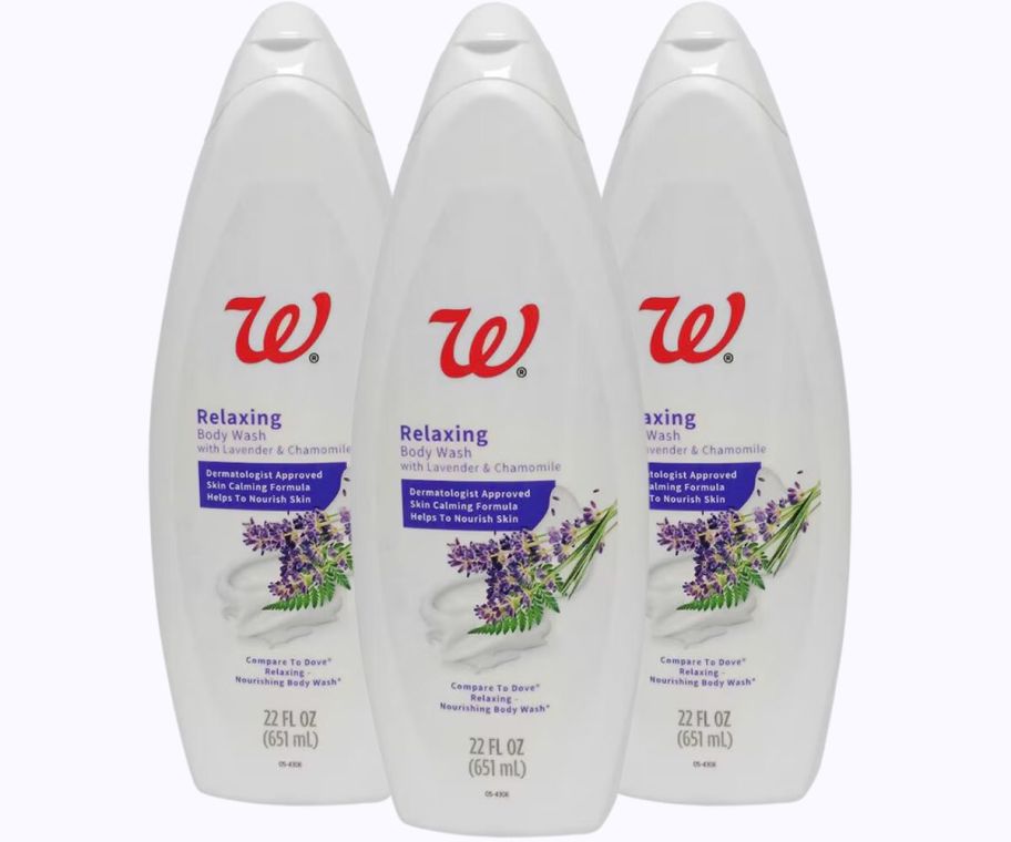 three bottles of walgreens lavender chamomile body wash
