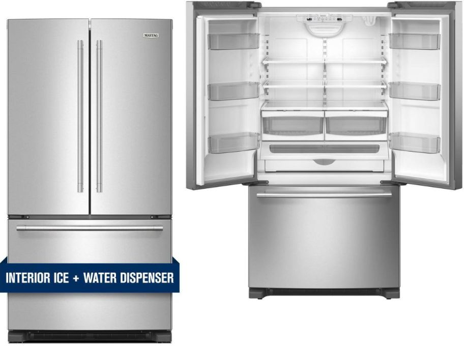 Stock images of a Maytag 25 cu. ft. French Door Refrigerator in Fingerprint Resistant Stainless Steel