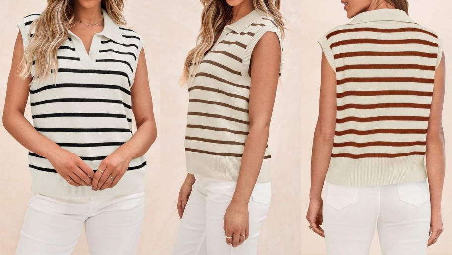 3 models wearing striped VNeck Sweater Vests