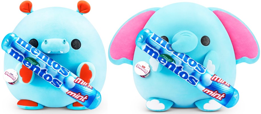 blue hippo and blue elephant plush both holding a tube of mentos mints