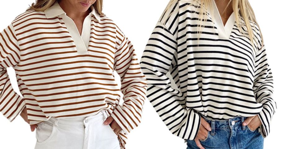 2 women wearing striped long-sleeved shirt