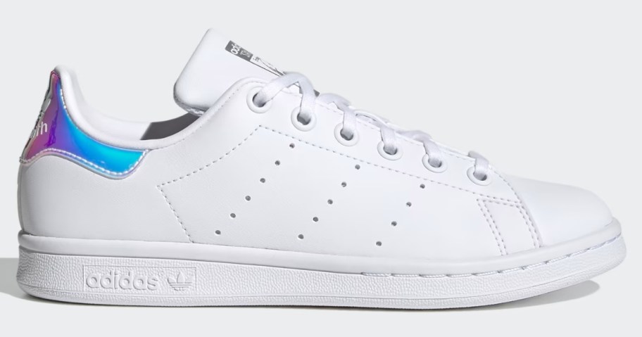 kid's Stan Smith style sneaker in white with a multi color heel