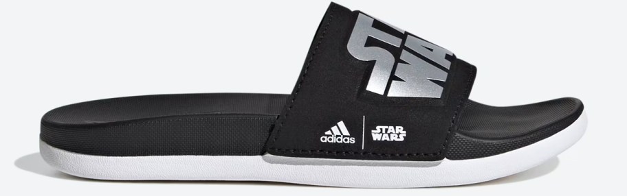black adidas slide that says star wars on the top in silver