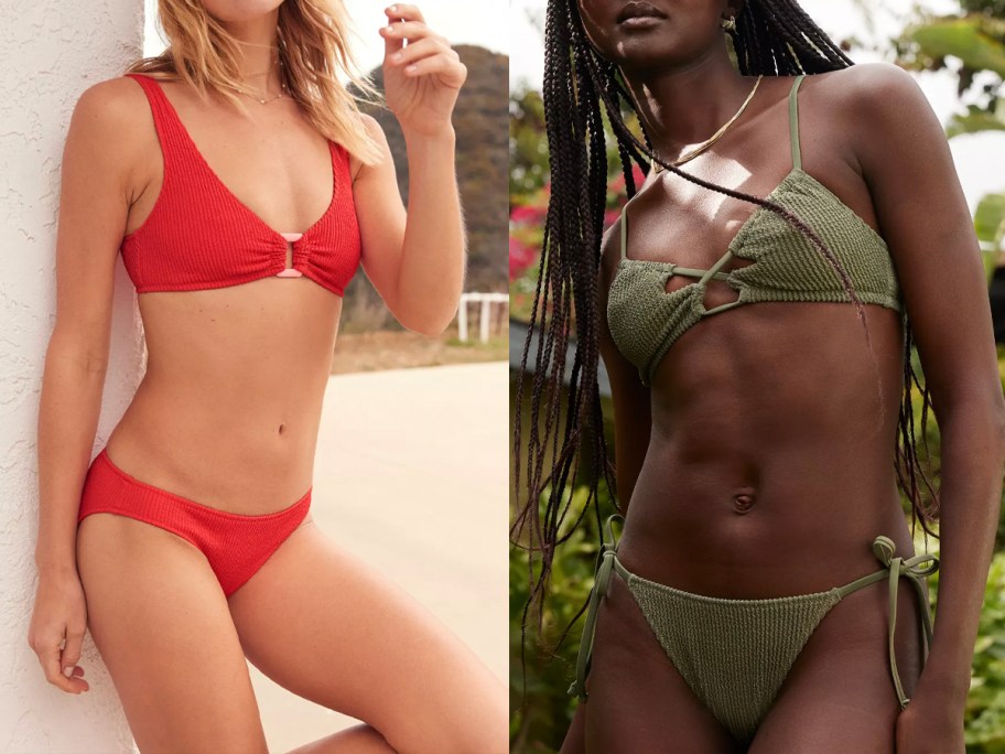 two women wearing red and green bikinis