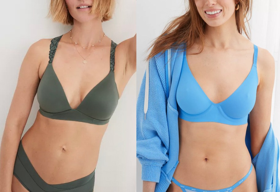 two women wearing green and blue bras