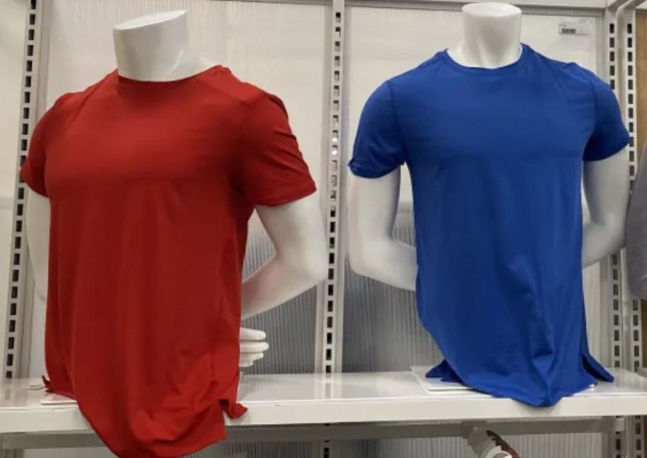 red and blue all in motion mens tees on mannequins in a target store