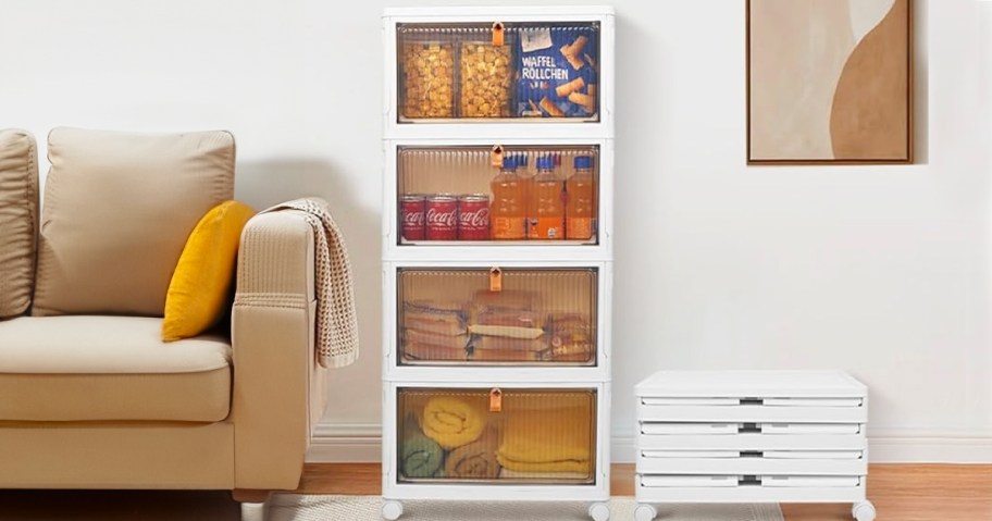 white stackable storage bins next to tan couch 