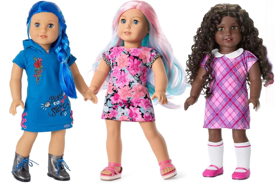 blue haired pink haired and brown haired dolls