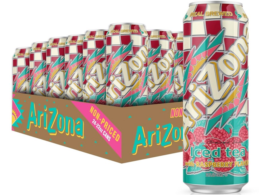 arizona raspberry tea can with 24 pack behind it