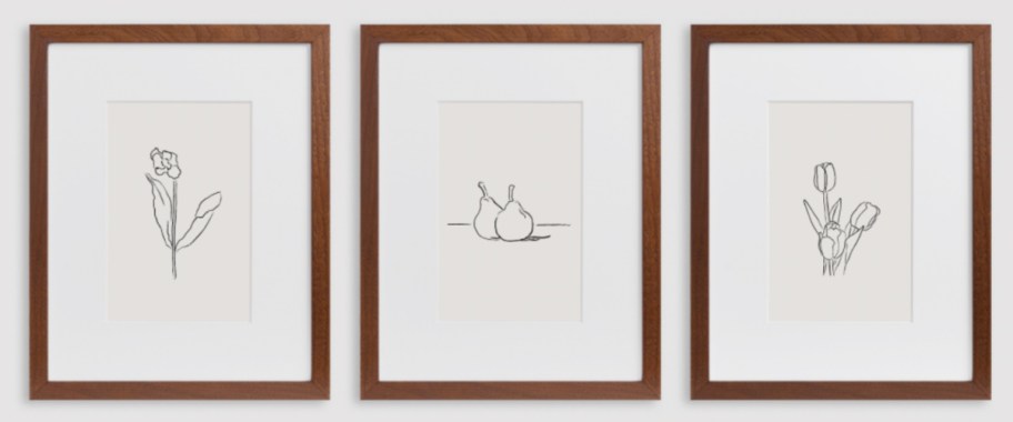three minimalist drawings in wood frames