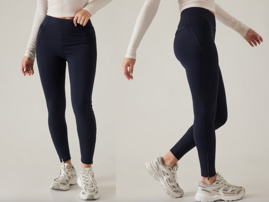 two women in navy blue leggings