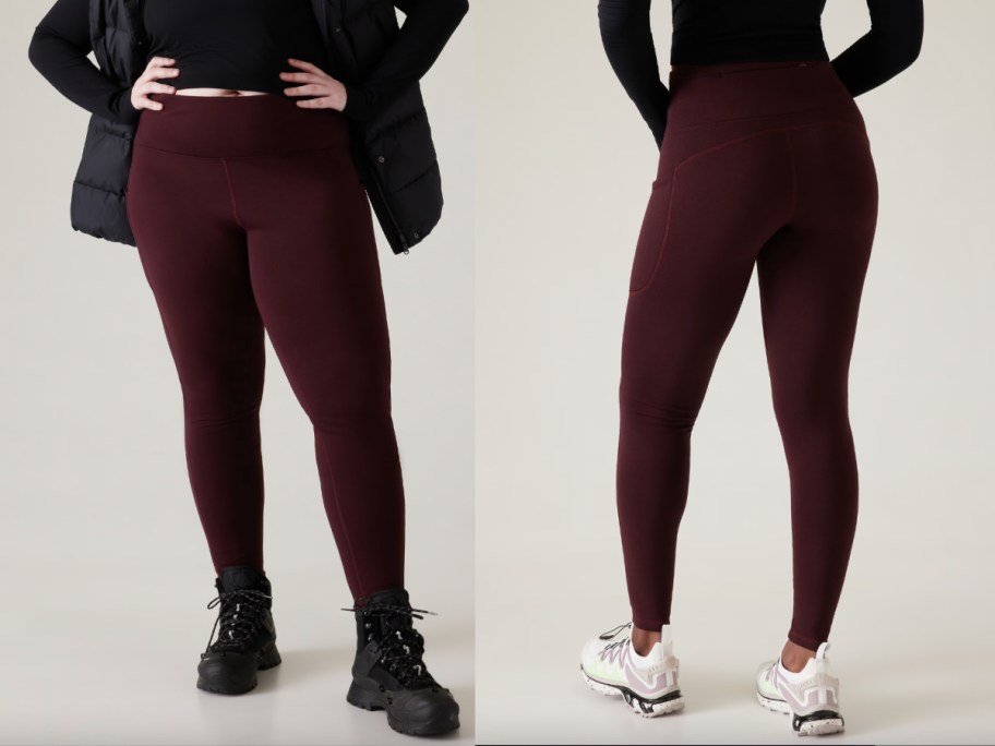 two women in maroon leggings