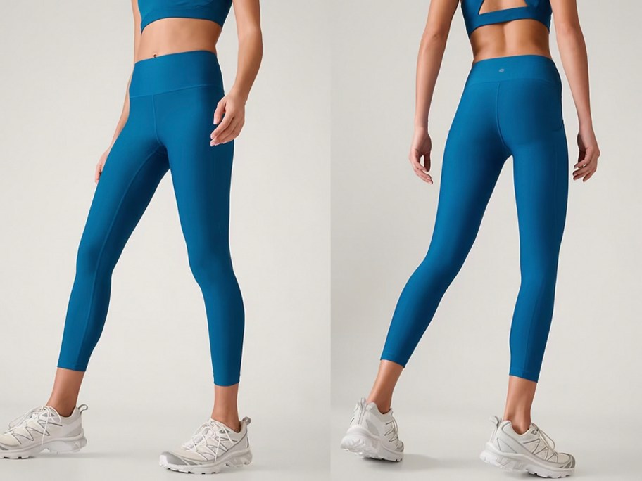 front and back image of women wearing blue leggings 