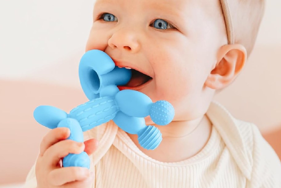 baby playing SplashEZ Baby Teether 100% Silicone BPA-Free Baby Teething Toy