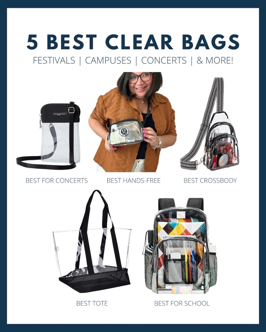collage graphic of the best clear bags to buy