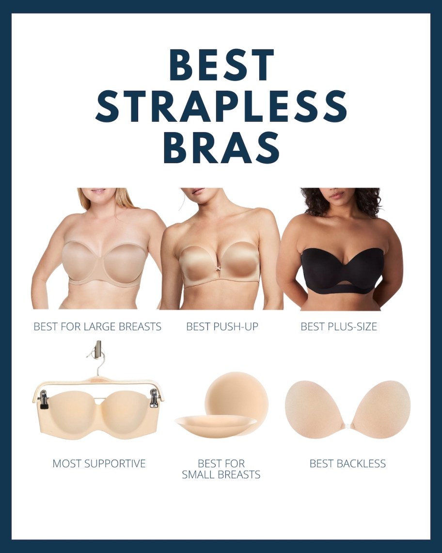 graphic of best strapless bras and various stock photos and labels