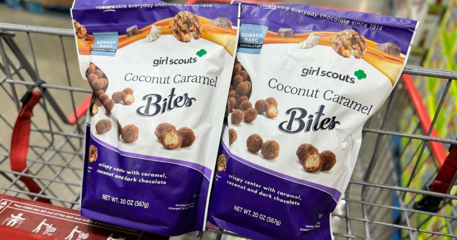 two Girl Scouts Coconut Caramel Bites 20oz Bags in cart in store