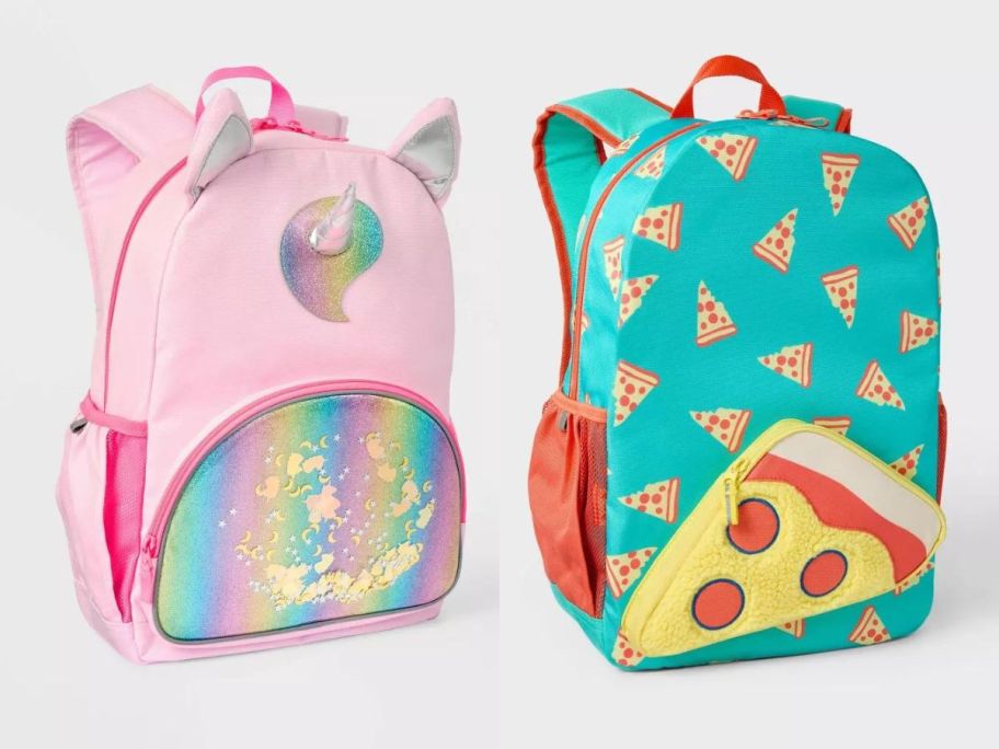 cat and jack unicorn and pizza backpacks stock images