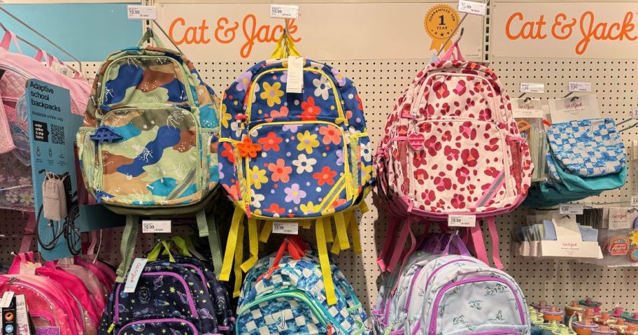 cat and jack backpacks on display in store
