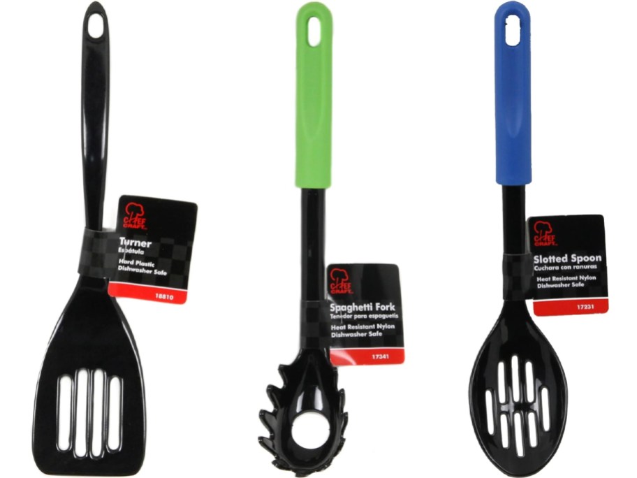 spatula, spaghetti fork, and slotted spoon utensils 