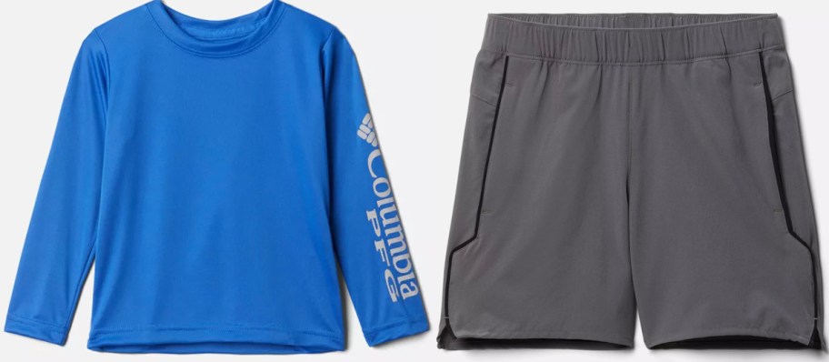 long sleeve blue columbia shirt and gray shorts 
