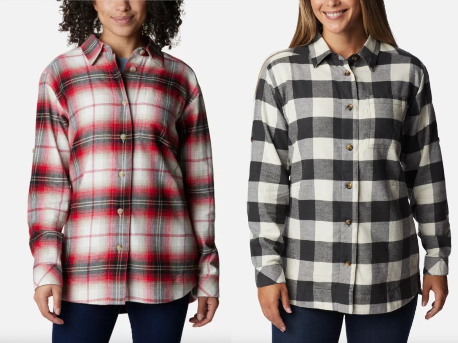 women in red and black flannel shirts