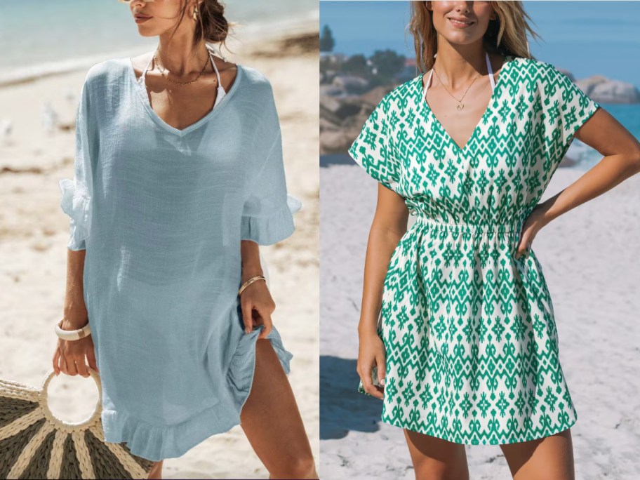 blue and green geo print dress cover ups