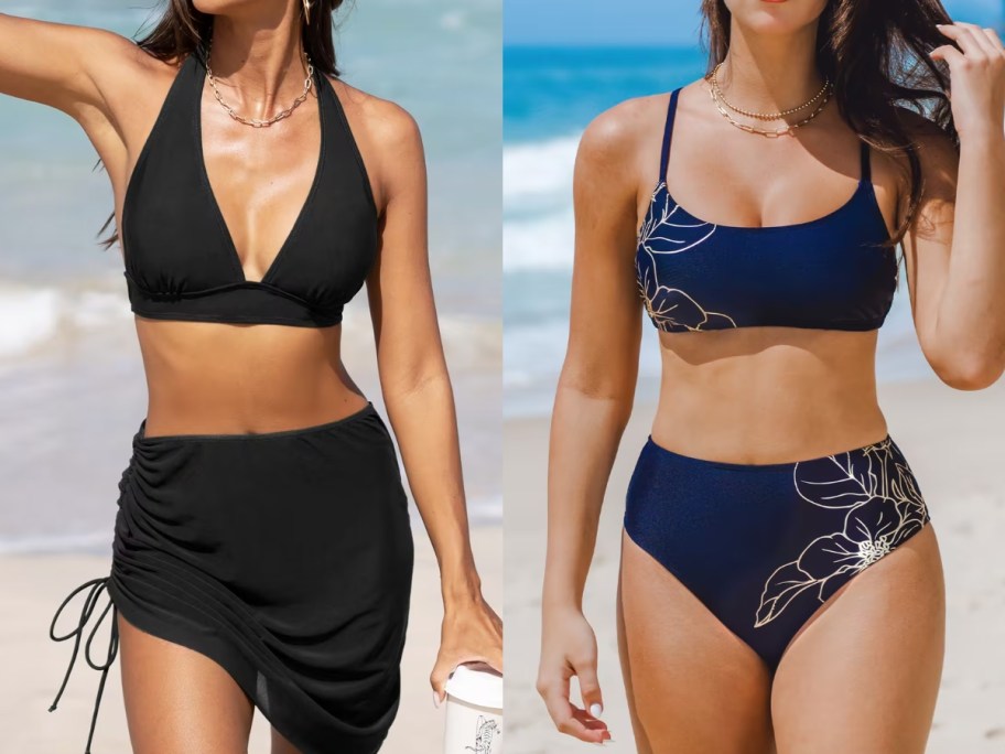 women wearing bikinis, 1 solid black with a sarong and 1 navy blue with flowers