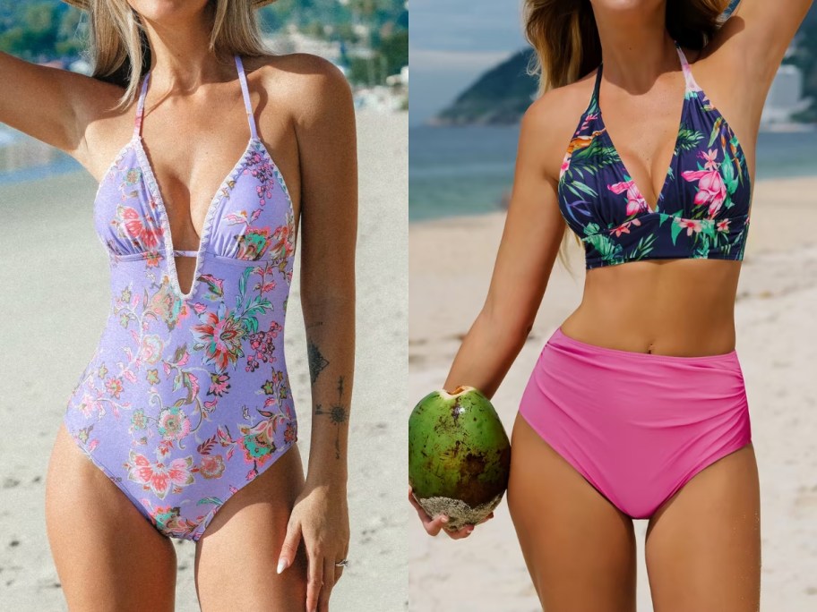 woman wearing a lavender purple floral one piece swimsuit and woman wearing a 2 piece swimsuit with hot pink bottom and blue and pink floral top
