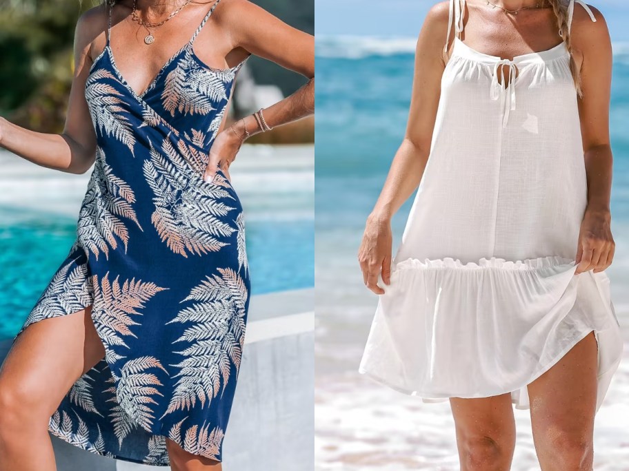 woman wearing a blue tropical leaf print coverup and woman wearing a white tie strap sun dress