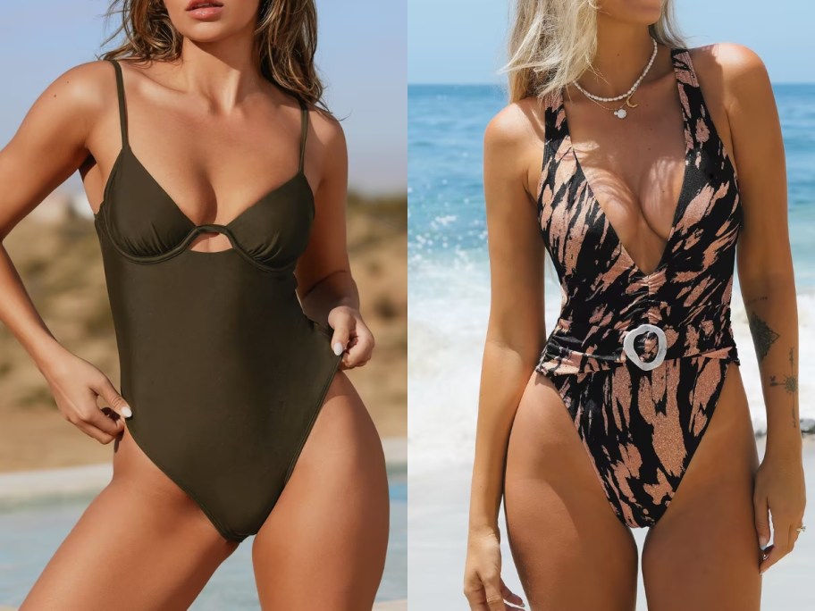 women wearing one piece swimsuits on the beach, 1 solid brown, 1 brown and peach animal print