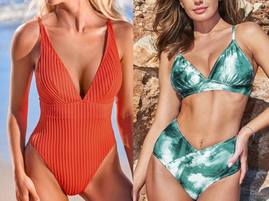 woman wearing an orange one piece swimsuit and woman wearing a tie dye green and white 2 piece bikini set