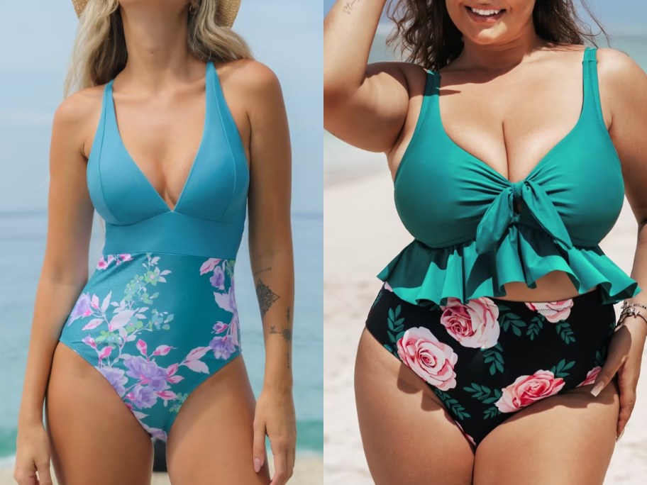 woman wearing a blue floral one piece swimsuit and woman wearing a green and floral 2 piece swimsuit