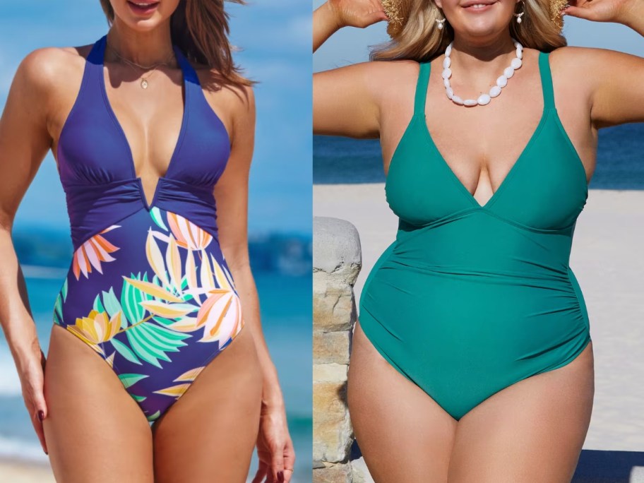women wearing 1 piece swimsuits, one blue with tropical leaves and one solid teal green