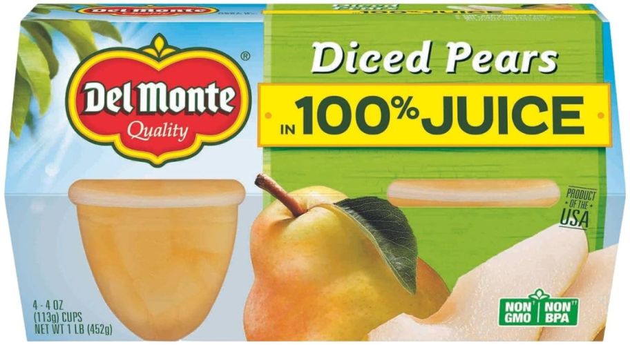 a 4 pack of del monte diced pears in juice on white background