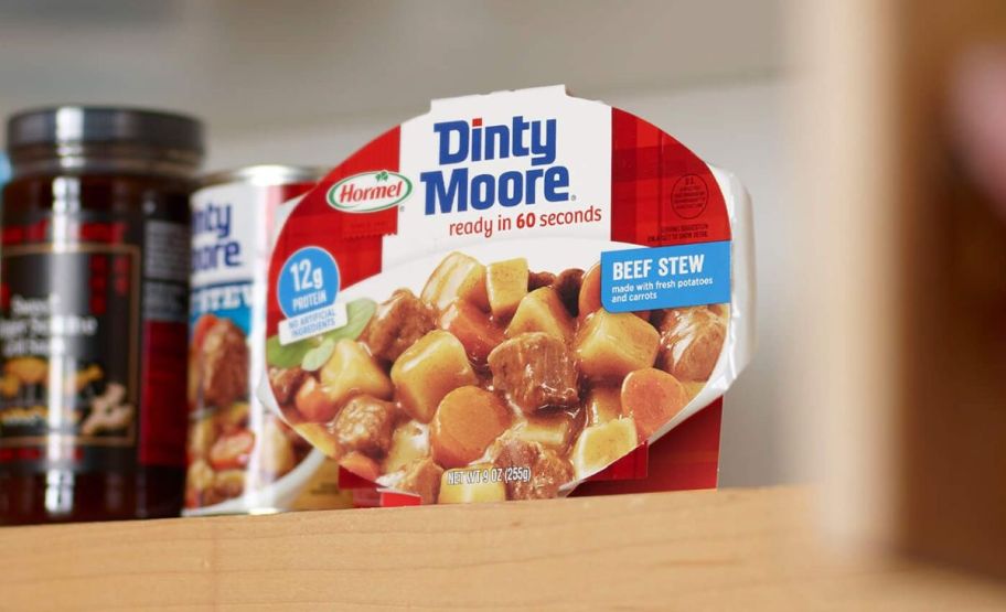 dinty moore beef stew meal sitting on shelf