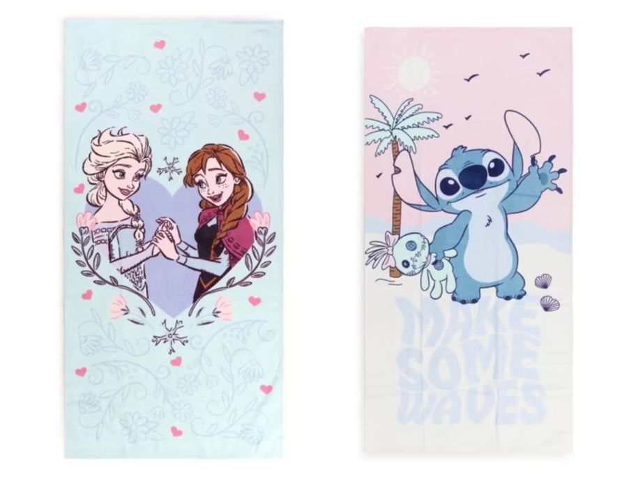 2 disney beach towels, frozen and lilo and stitch