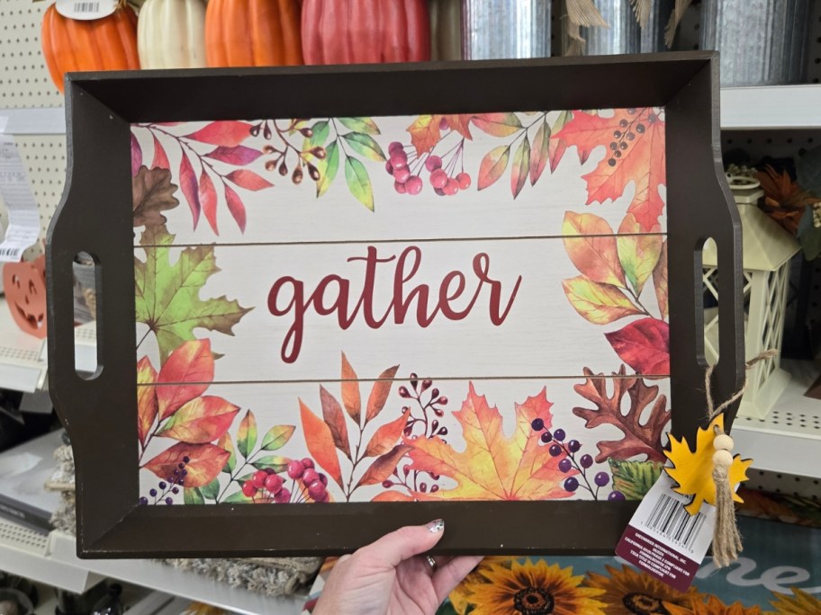 Fall wooden decorative tray with leaves and the word "gather"