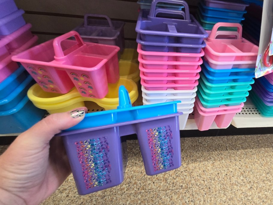 hand holding colorful 3 section craft caddies