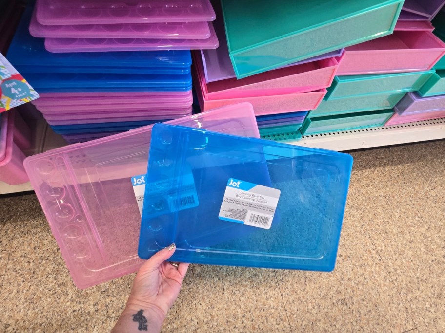 hand holding a pink and blue school activity tray