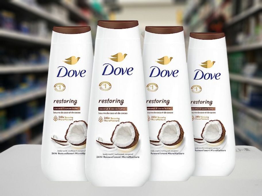 Dove Restoring Coconut & Cocoa Butter Body Wash 20oz 4-Count on shelf in store