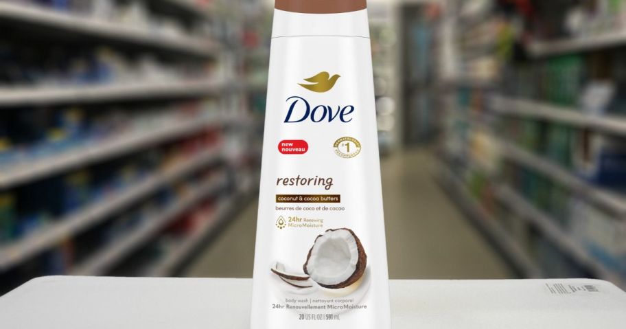 Dove Body Wash Restoring Coconut & Cocoa Butter bottle on shelf in store