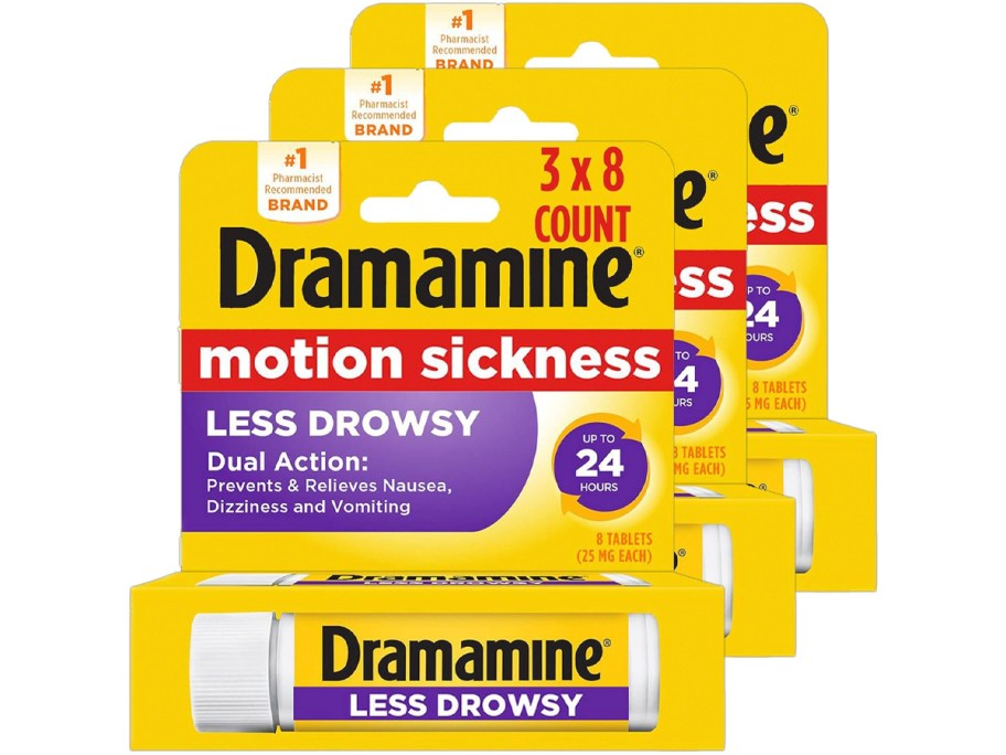 three dramamine less drowsy sickness tablet boxes