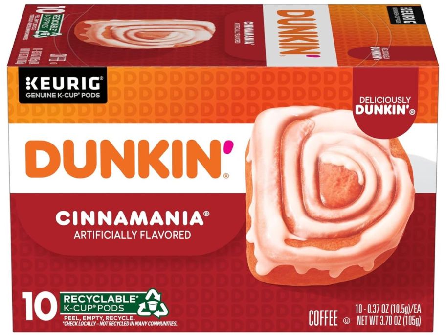 A 10-count box of dunkin cinnamania coffee k-cups