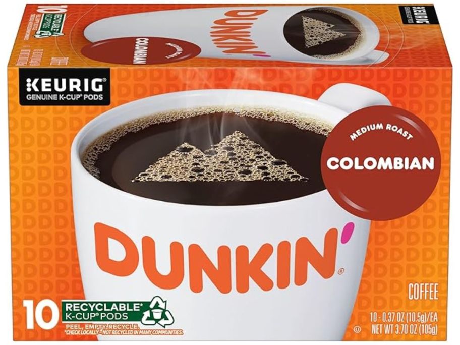 A 10-count box of dunkin columbian coffee k-cups