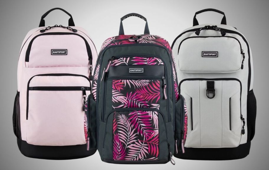 three eastsport backpacks in various styles on a white and gray gradient background